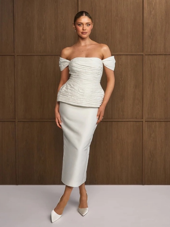 Six Stories Dresses & Skirts - White Ivory Bridal Peplum Midi Dress